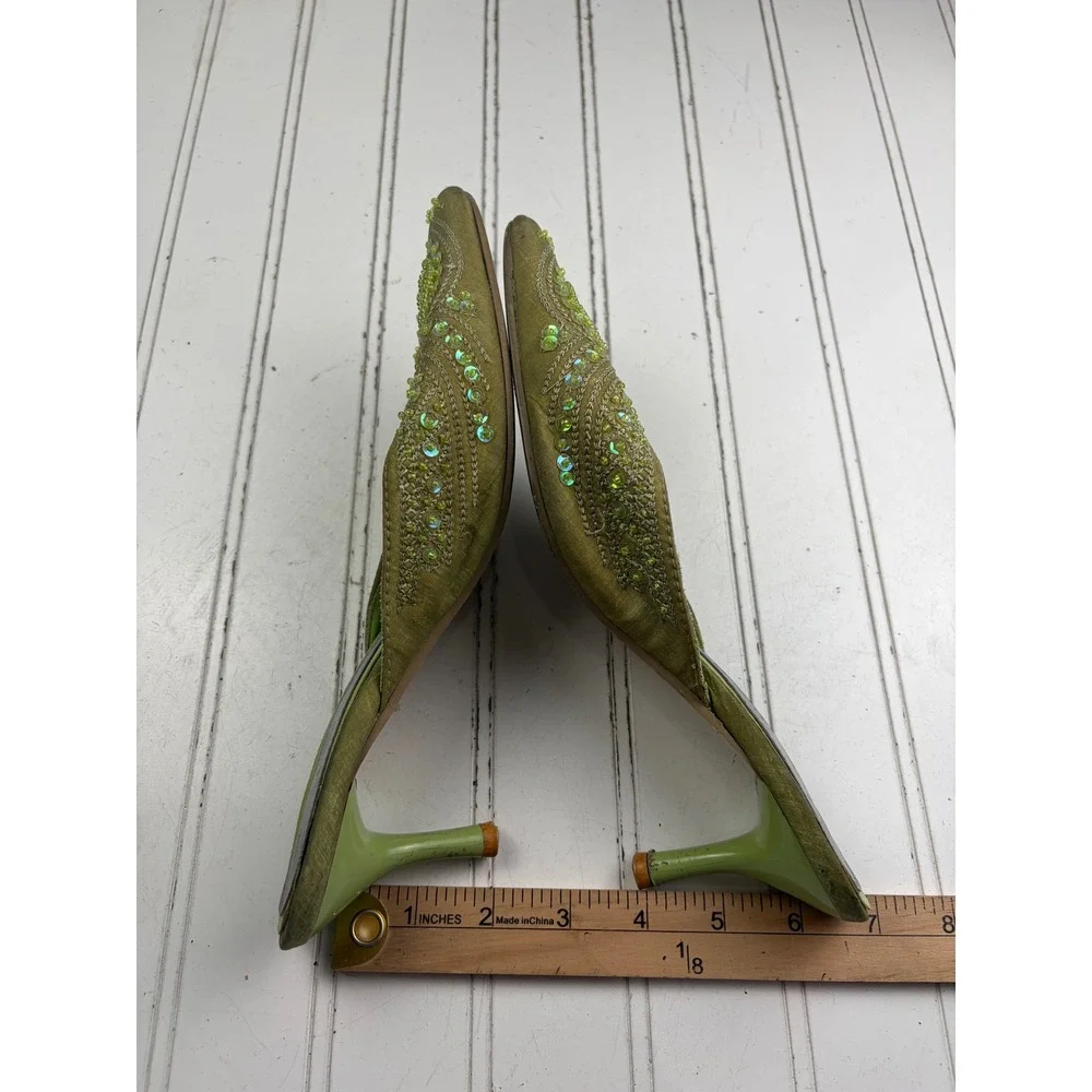 Anne Michelle Vintage Y2K Green Beaded Floral Satin Kitten Heels Women's Size 6